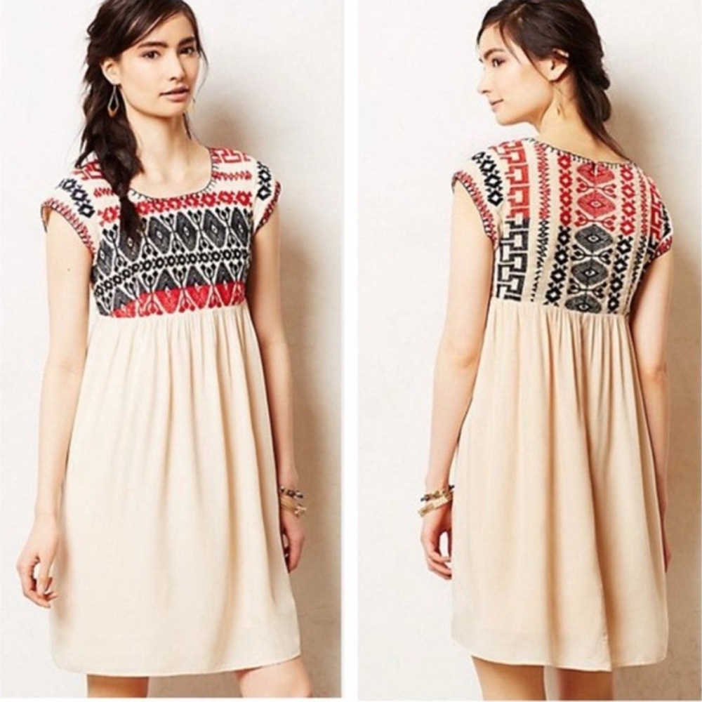 Anthropologie boho tribal embroidered dress tan red navy size small